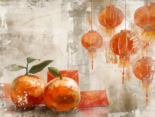 Juicy tangerines, oranges, and red gift envelopes with calligraphy against backdrop of red lanterns and sparkling fireworks. Chinese New Year. Copy space.