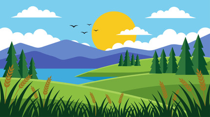 Obraz premium Sun Over Mountain Lake Landscape Vector Illustration in Flat Design Style