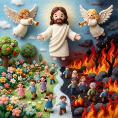 Fototapeta premium Knitted jesus with angels watching over children on path to heaven or hell. Biblical Christian story concept for kid education or Sunday school.
