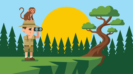 Fototapeta premium Vector Illustration of Explorer with Monkey Using Binoculars in Flat Design Jungle Landscape