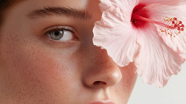 Natural Beauty Portrait Woman with Hibiscus Flower