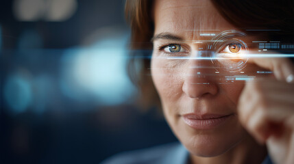 Closeup faceless woman eye process scanning biometric identification iris recognition security verification digital authentication cyber technology defocused background with