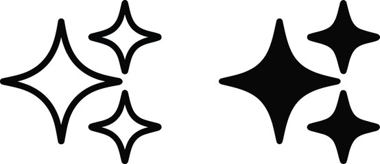 Clean vector representation of outlined and solid black sparkle icons on a white background