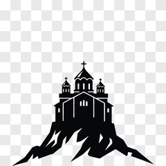 Orthodox Monastery Silhouette on Mountain Top with Domes and Crosses