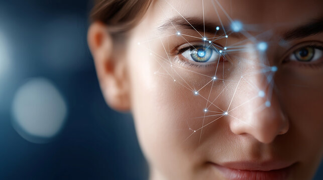 Closeup faceless woman eye process scanning biometric identification iris recognition security verification digital authentication cyber technology defocused background with