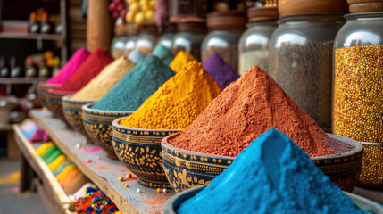 Busy festive trade in bright colored powders. Сoncept of colorful Indian Holi holiday. Copy space.