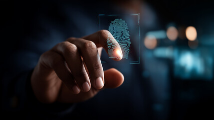 Thumbs up virtual fingerprint scan biometric identity access password thru fingerprints technology security system prevent hacker concept cyber defense defocused background