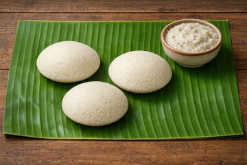 south indian idli with coconut chutney on banana leaf breakfast