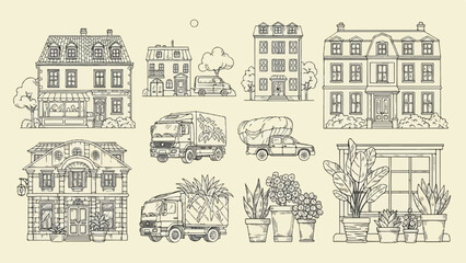 Naklejka premium Sketch of buildings, vehicles, and potted plants in a vintage style