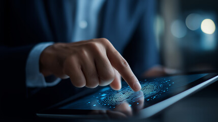 Faceless businessman using tablet fingerprint scanning unlock access business data network biometric identification cyber security protect business transaction online digital