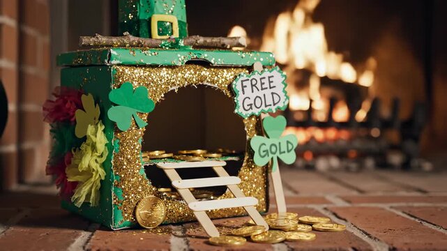 Handmade St. Patrick's Day leprechaun trap with gold coins. Green craft box with glitter and shamrocks in front of a cozy fireplace. DIY holiday decoration concept