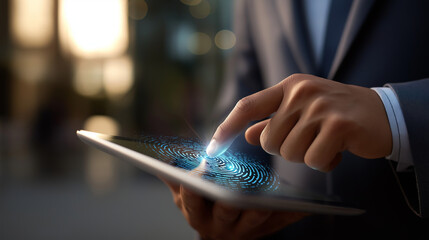 Faceless businessman using tablet fingerprint scanning unlock access business data network biometric identification cyber security protect business transaction online digital