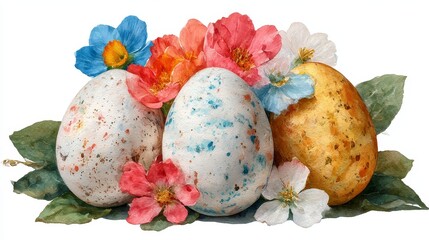 Watercolor Easter eggs composition with blooming spring flowers and green leaves