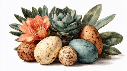 Watercolor Easter eggs composition with blooming spring flowers and green leaves