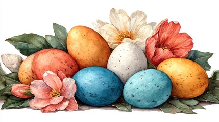 Bright Easter eggs nestled in a bouquet of spring blossoms, watercolor illustration