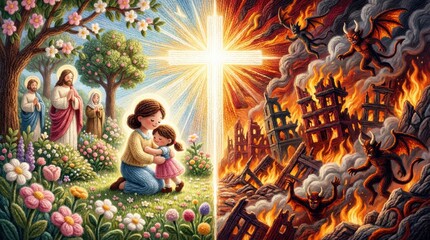 Fototapeta premium Woman and child embracing in heaven next to Jesus with blazing hell and demons on other side. Christian allegory of two paths: salvation vs sin.