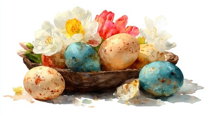 Watercolor Easter eggs composition with blooming spring flowers and green leaves