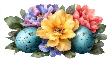 Bright Easter eggs nestled in a bouquet of spring blossoms, watercolor illustration