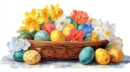 Bright Easter eggs nestled in a basket with spring blossoms, watercolor illustration