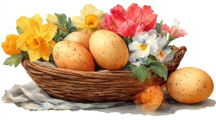 Bright Easter eggs nestled in a basket with spring blossoms, watercolor illustration