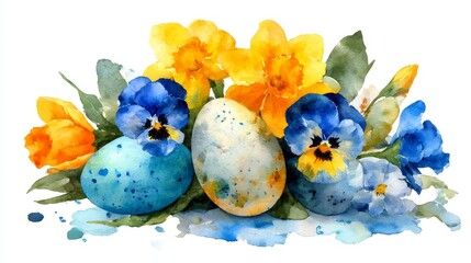 Bright Easter eggs nestled in a bouquet of spring blossoms, watercolor illustration