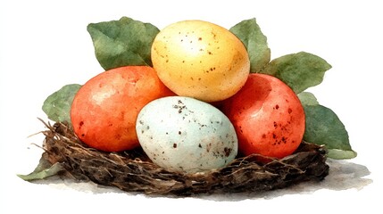 Elegant watercolor floral arrangement with colorful Easter eggs for holiday design