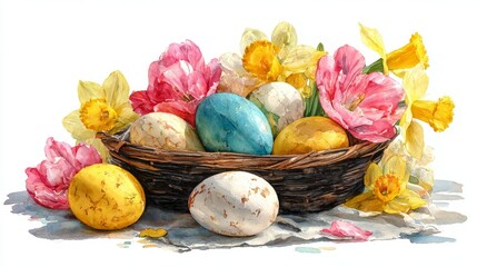 Colored Easter eggs nestled in a basket with spring flowers, watercolor illustration