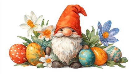 Festive garden gnome with Easter decorations flowers and colored eggs isolated on white, watercolor style