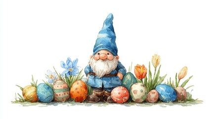 Cute Easter garden gnome with Easter colored eggs and flowers isolated on white, watercolor illustration