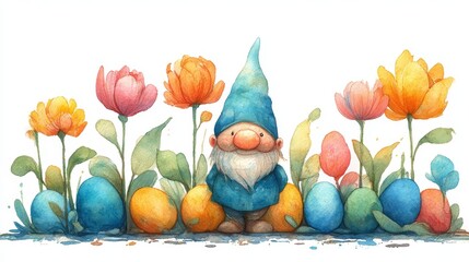 Whimsical watercolor Easter gnome surrounded by spring flowers and festive eggs, watercolor illustration
