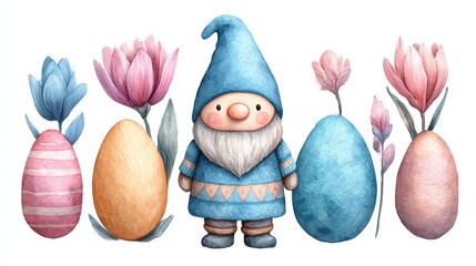 Cute Easter garden gnome with Easter colored eggs and flowers isolated on white, watercolor illustration