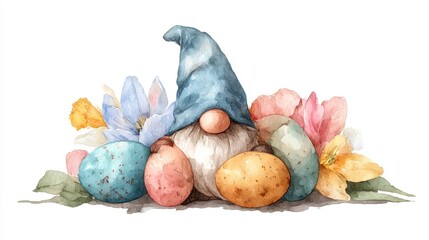 Easter gnome sitting in Easter eggs and spring flowers isolated on white, watercolor illustration