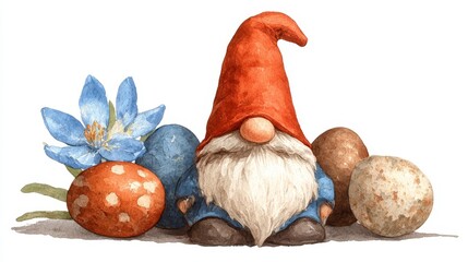 Whimsical watercolor Easter gnome surrounded by spring flowers and festive eggs