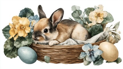 Cute watercolor rabbit in a basket surrounded by colorful Easter eggs and blossoms