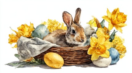 Watercolor Easter bunny illustration with spring floral arrangement and festive eggs