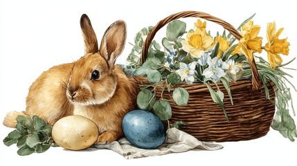 Cute watercolor rabbit in a basket surrounded by colorful Easter eggs and blossoms