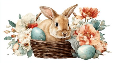 Watercolor Easter bunny in basken with colored eggs and flowers