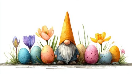 Whimsical watercolor Easter gnome surrounded by spring flowers and festive eggs, watercolor illustration