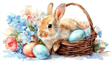 Watercolor Easter bunny sitting in a wicker basket with spring flowers and painted eggs