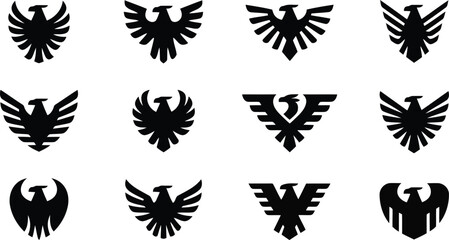 Fototapeta premium Diverse black silhouette representations of eagles and phoenixes arranged neatly on a plain white surface
