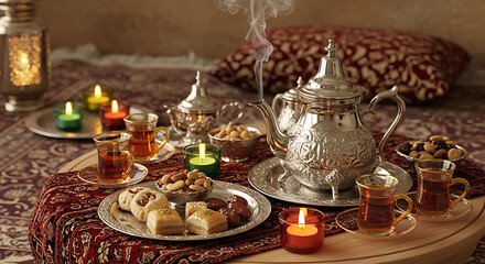 Naklejka premium Traditional Middle Eastern tea ceremony with ornate silver teapot, pastries, nuts, and dates, illuminated by candles.