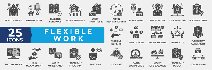 Naklejka premium Flexible Work icon set solid style collection. With Remote Work, Work from Home, Hybrid Work, Freelancing, Smart Work, Flexible Schedule, integration, time management, agreement icon.