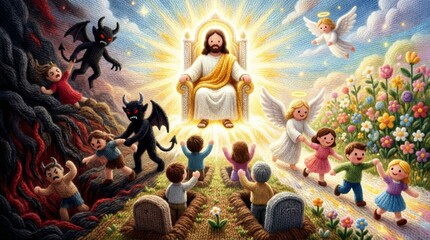 Fototapeta premium Jesus on throne with bright light, children and devils. Heaven and hell biblical concept illustration for kid story book or Sunday school.