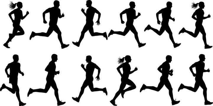 Black silhouette set of 10 running human figures in profile view showing full stride cycle and dynamic motion
