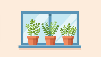 Obraz premium Three green plants in pots on a windowsill inside a blue-framed window