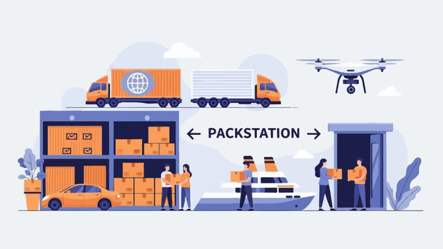 Shipping and delivery logistics with truck, drone, ship, car, and people