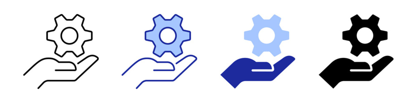 Gear over a hand icons set. Technical support service and user settings icon. Service, support, instrument, wheel, machine, cog, symbol. Outline and flat Gear setting vector icon set