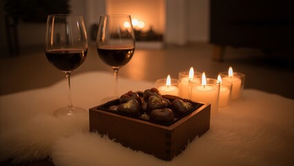 Romantic scene with wine, chocolates, and candlelight near a fireplace