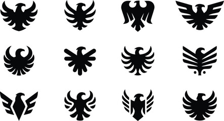 Diverse set of stylized black raptor symbols including eagles and falcons in various poses