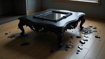Broken mirror on ornate table